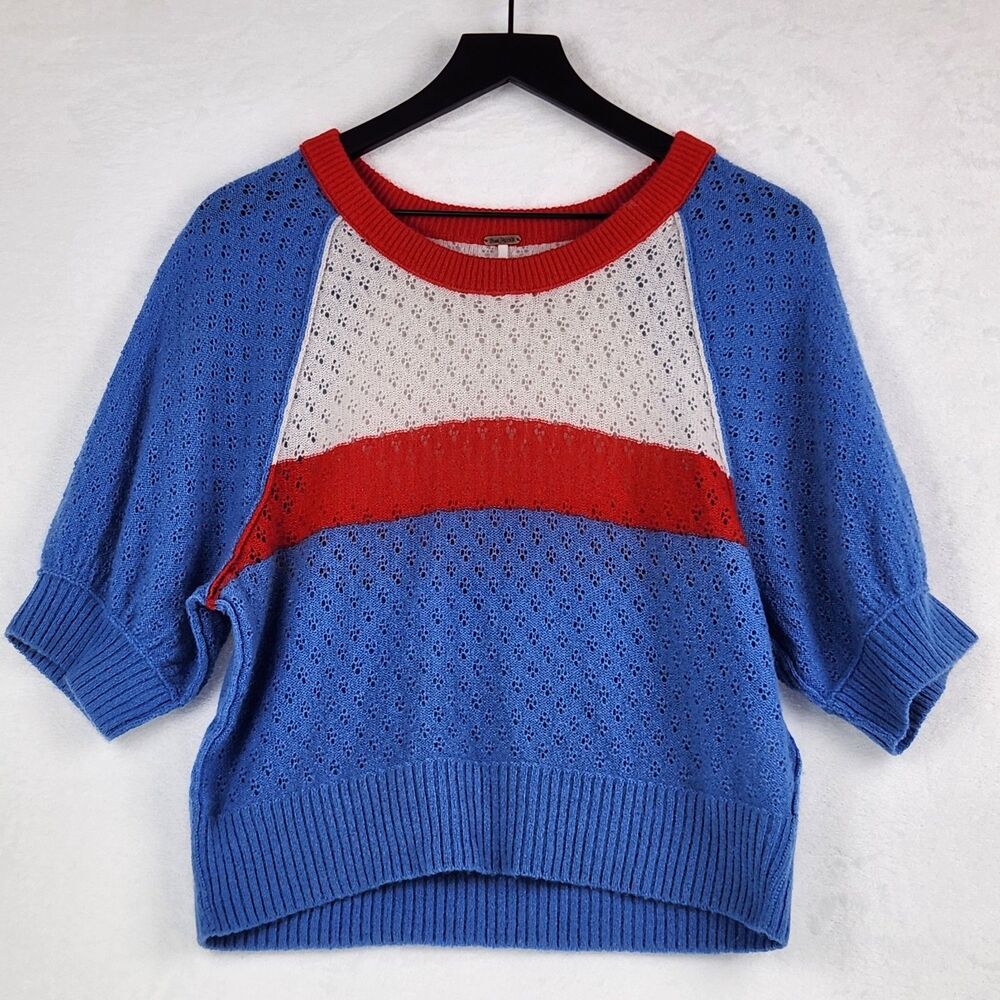 Free People Pointelle Crop 100% Cashmere Sweater Medium Colorblock Cozy Bold